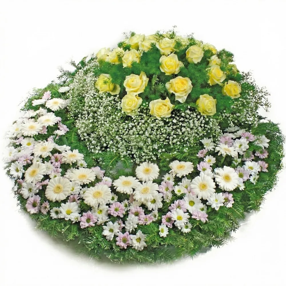 Bunch the last farewell, bunch make of yellow roses, gypsophila , gerbera, decorative greenery 