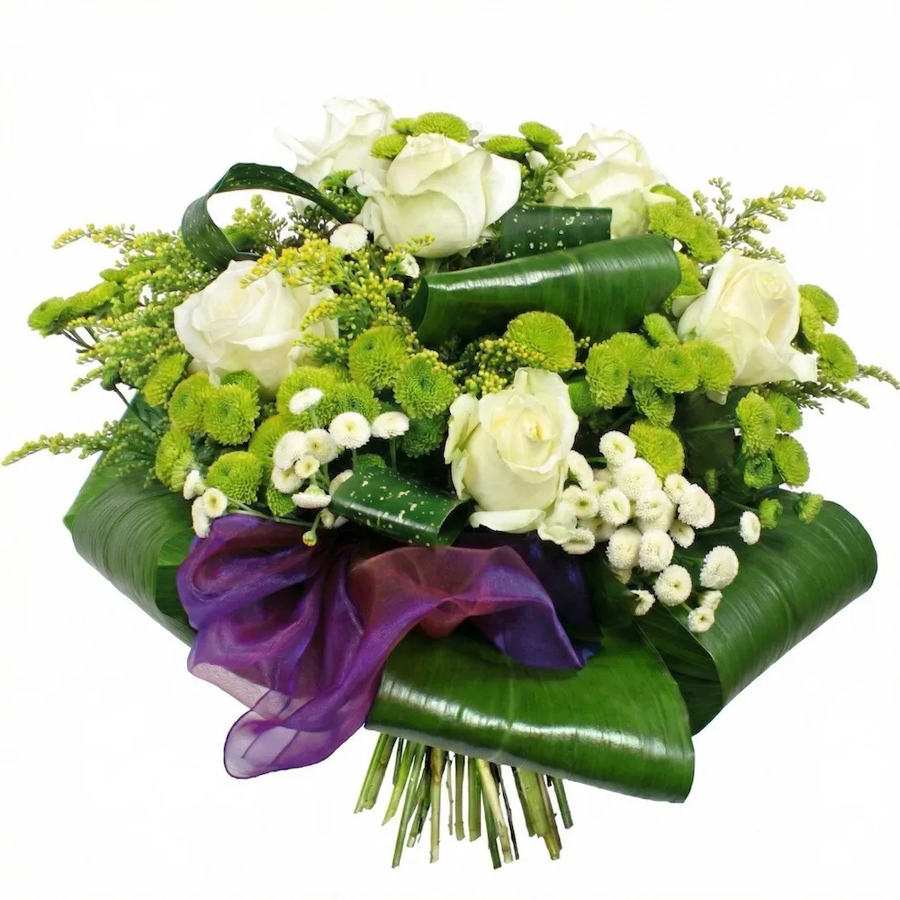 Funeral bunch, funeral bunch of white roses, solidago, santini, green decorative and purple ribbon