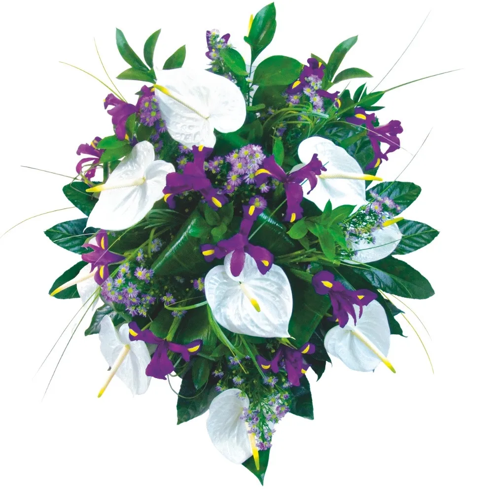 Wiązanka Szczery Żal, biało-fioletowa wiązanka pogrzebowa, bukiet kondolencyjny z anturium 