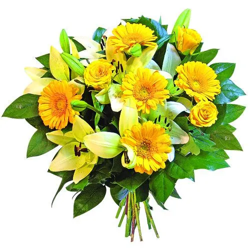 Sunny bouquet, bouquet of yellow flower with greenery, rose hips and lilies in a bouquet