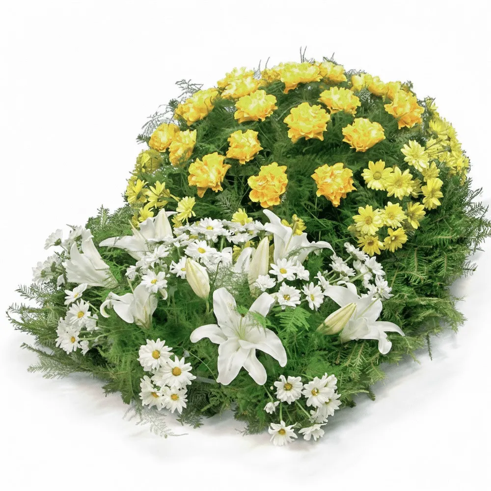 Funeral wreath, wreath of yellow roses, yellow chrysanthemum, white lilies