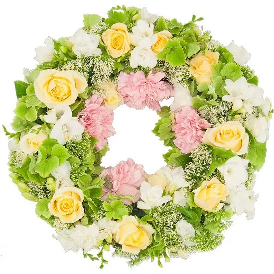 Bunch made of freesia, carnations, hortensia, cream roses, trachelium, Perl bunch, funeral bunch