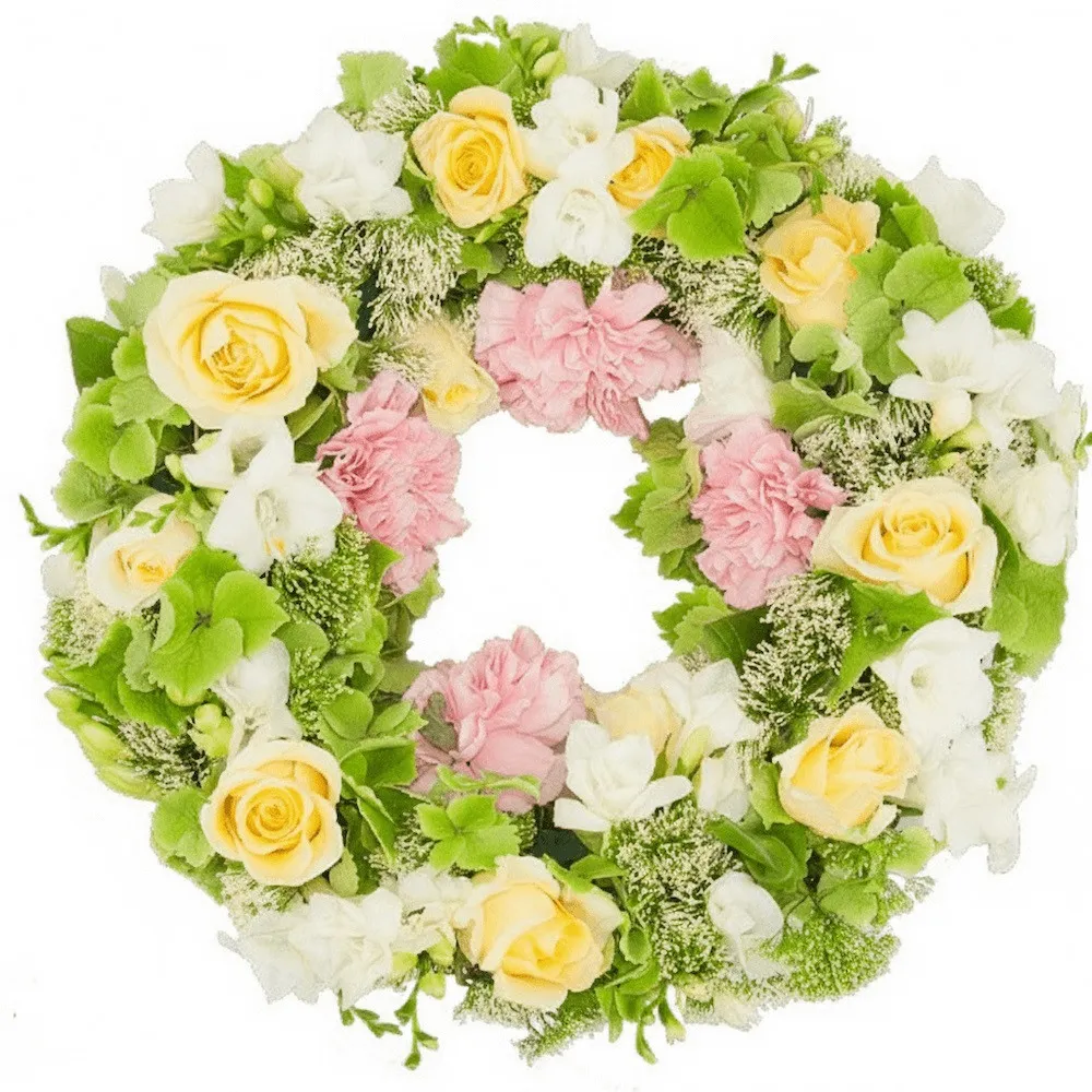 Bunch made of freesia, carnations, hortensia, cream roses, trachelium, Perl bunch, funeral bunch