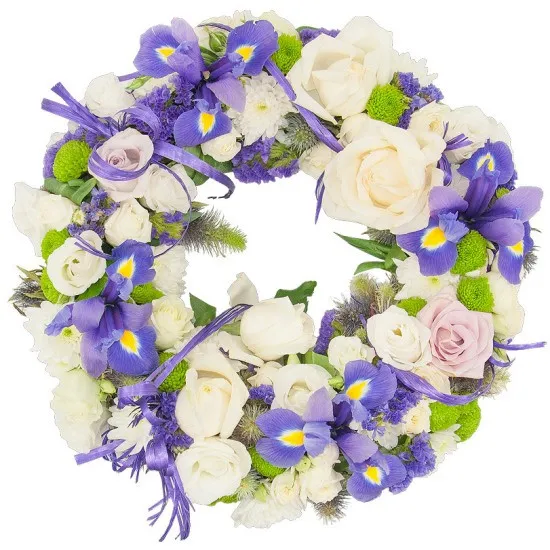 Cornflower blue bunch, bunch made of eustoma, irises, lime, white and pink roses,  eryngium, raffia, decorative green, funeral wreath
