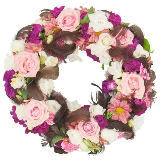 Morning bunch,bunch made of pink roses, eustoma, freesia, margaretes, carnations, feathers, decorative green, funeral wreath