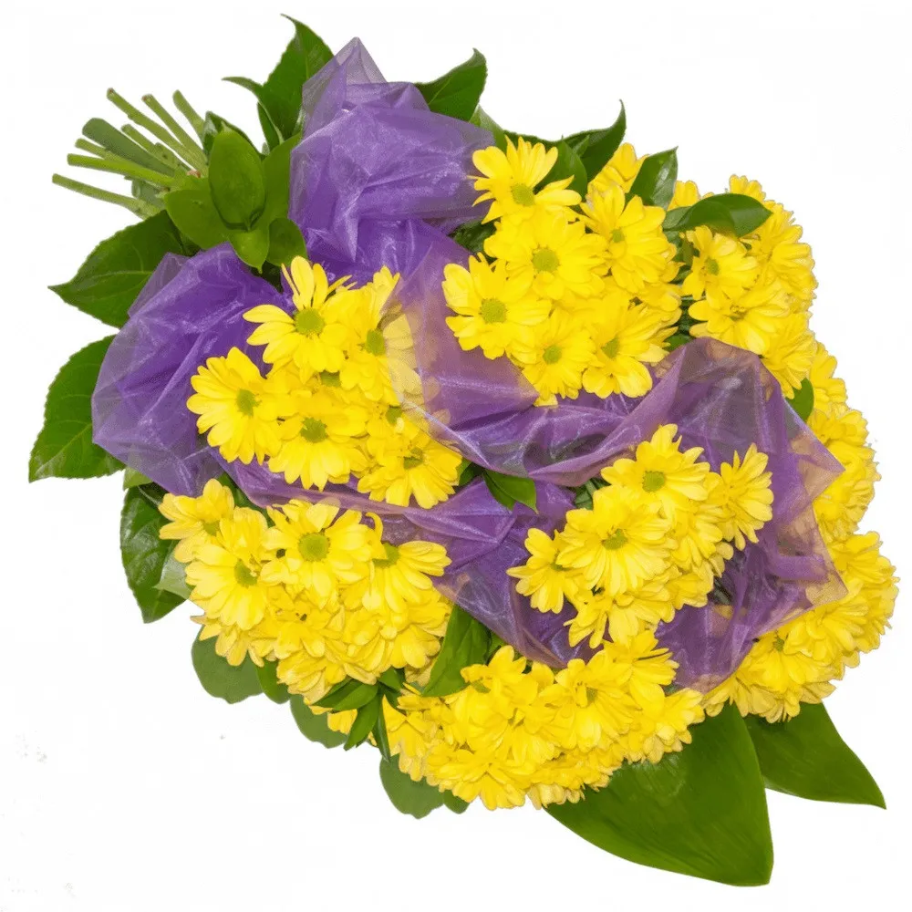 Aurora bouquet, yellow daisies, organza, decorative greenery in the bouquet, condolence bouquet