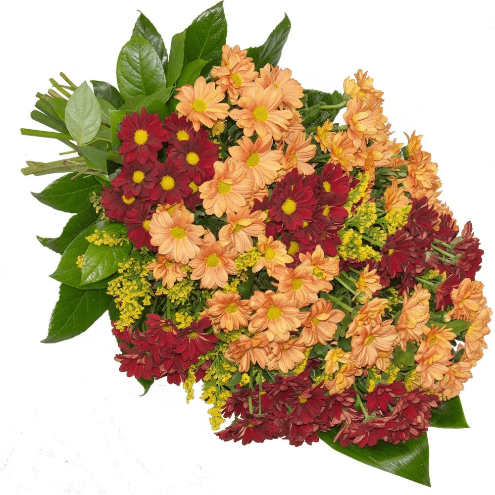 A bouquet of orange daisies, red daisies, solidago, organza, decorative greenery, funeral bouquet