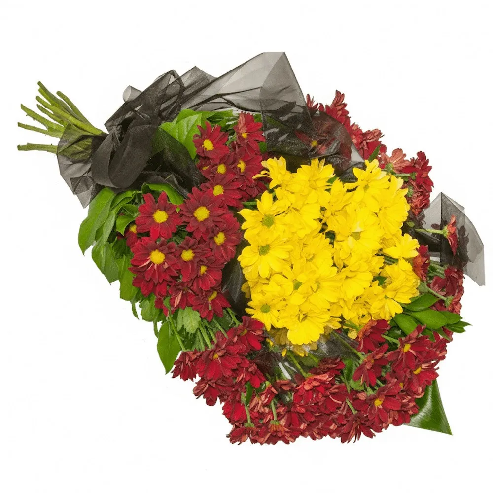 Dawn bunch, bunchmade of yellow margaret, red margaret, organza, decorative green, funeral bunch