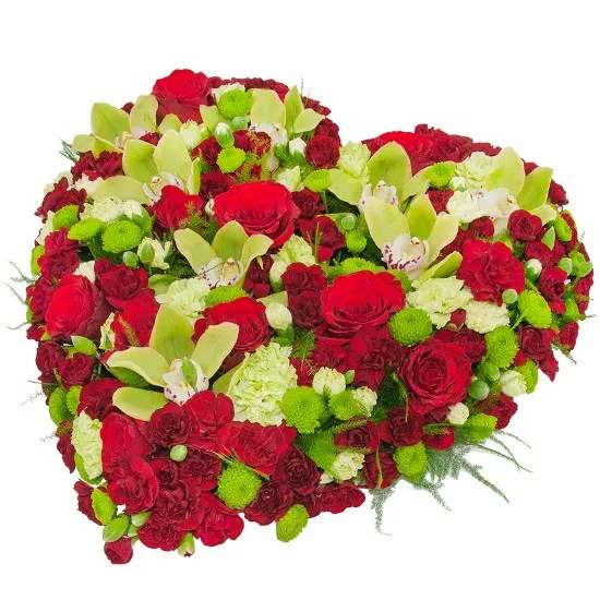 Requiem composition,composition made of mini carnations, red roses, cymbidium, santini, decorative green, funeral composition