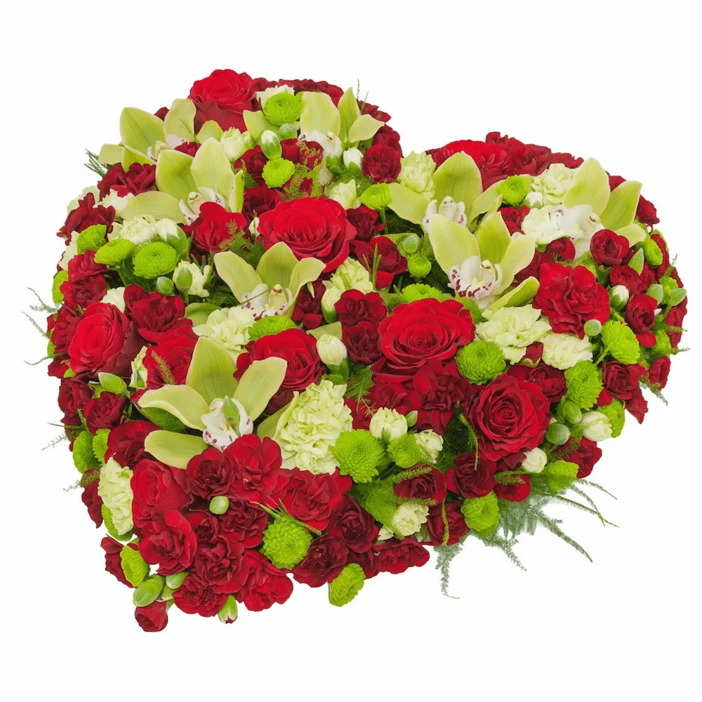 Kompozycja Requiem, kompozycja z goździków mini, róż czerwonych, cymbidium, santini, zieleni dekoracyjnej, kompozycja pogrzebowa