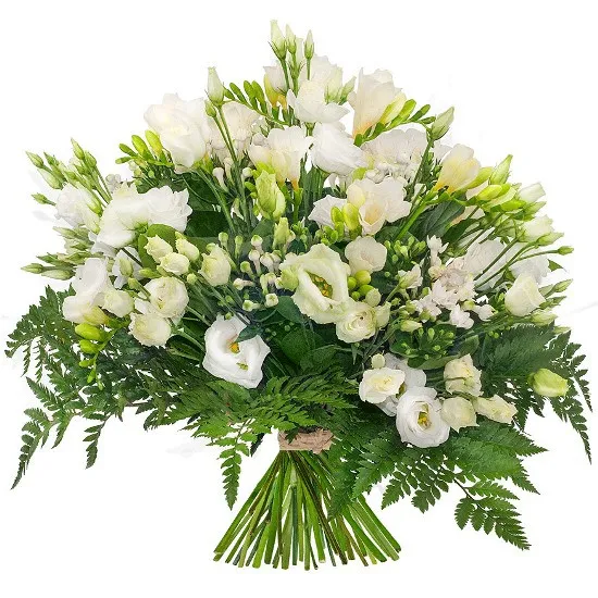Bukiet Świetlisty, bukiet z buwardii, eustom, frezji, zieleni dekoracyjnej, kwiaty kondolencyjne