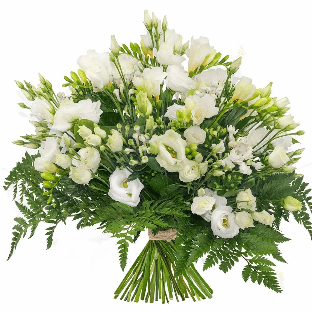 A luminous bouquet, a bouquet of cuvettes, eustoma, freesies, decorative greenery, flowerd for condolences.