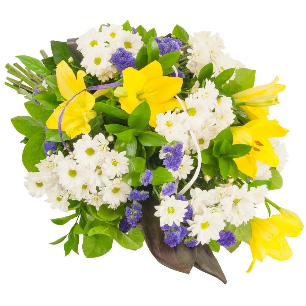 Wiązanka Lampion, wiązanka z lilii, margaretek białych, limonium, zieleni dekoracyjnej, wiązanka pogrzebowa 