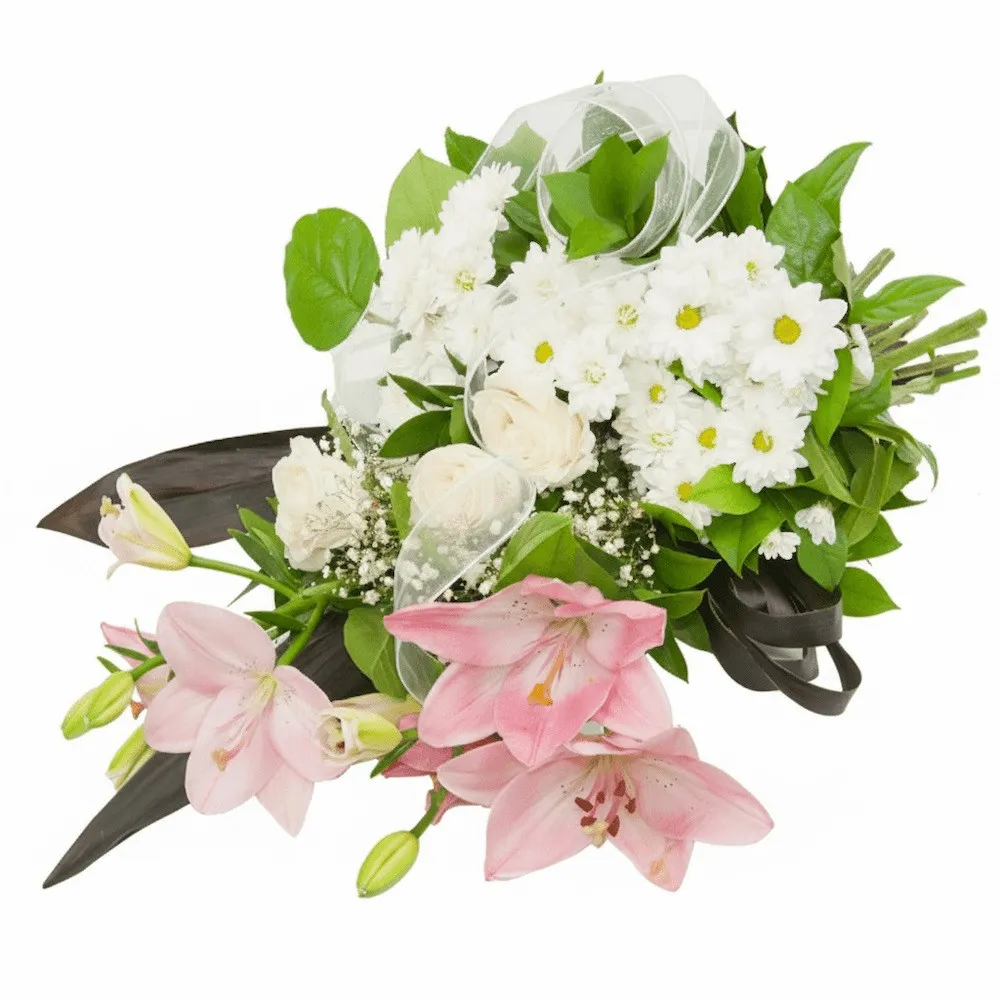 Pigeon Bunch , lily bunch, margaretes, cream roses, gypsophila, ribbons, decorative greenery, funeral bunch 
