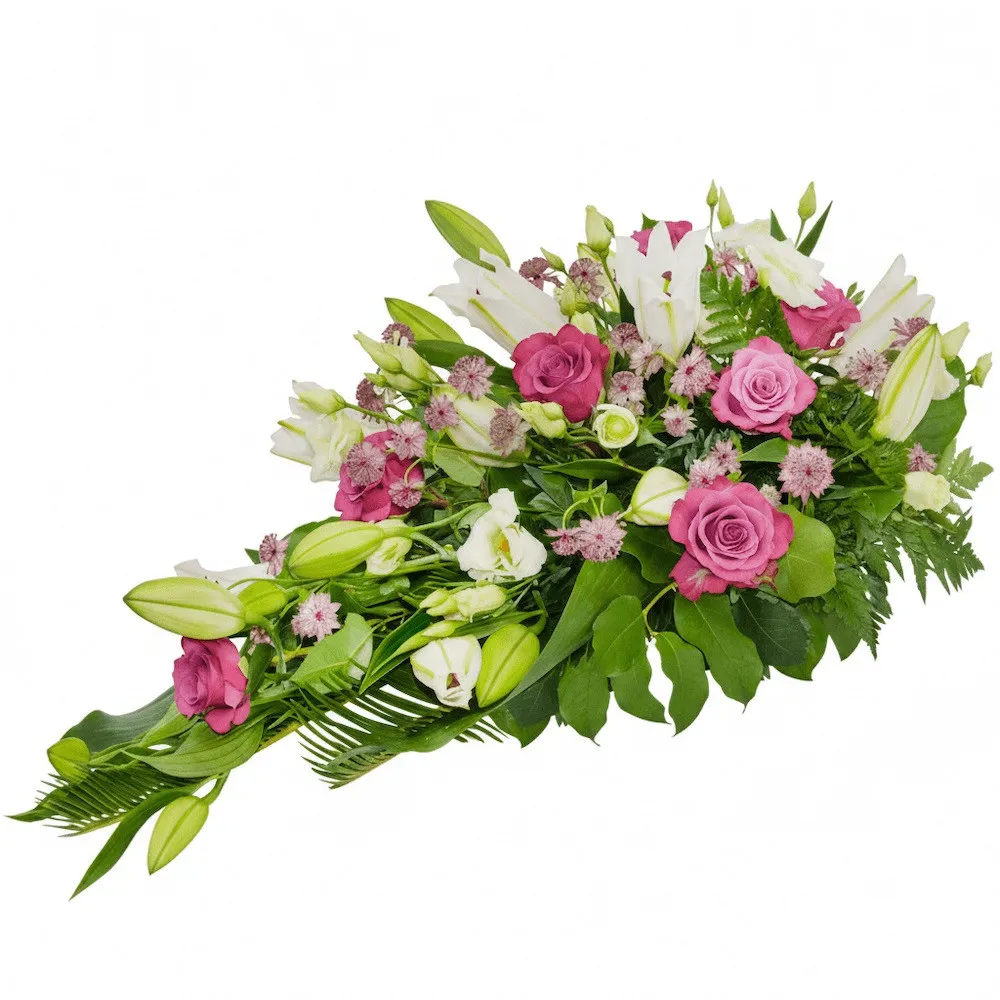 Wiązanka z astrantii, eustom, lilii azjatyckich, róż różowych, zieleni dekoracyjnej, Wiązanka Łuna, wiązanka na pogrzeb