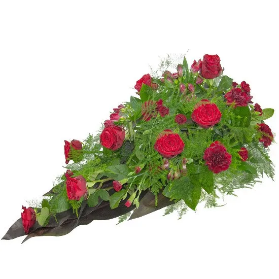 Wiązanka z goździków, róż, alstromerii, goździków mini, zieleni dekoracyjnej, Wiązanka Ognik, kwiaty na pogrzeb