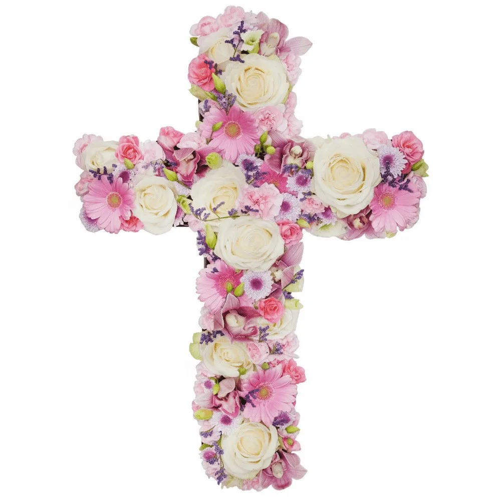 Composition of eustoma, cymbidium, mini gerber, mini carnations, twig roses, cream roses, lime, santini, decorative green,Composition of the Cross