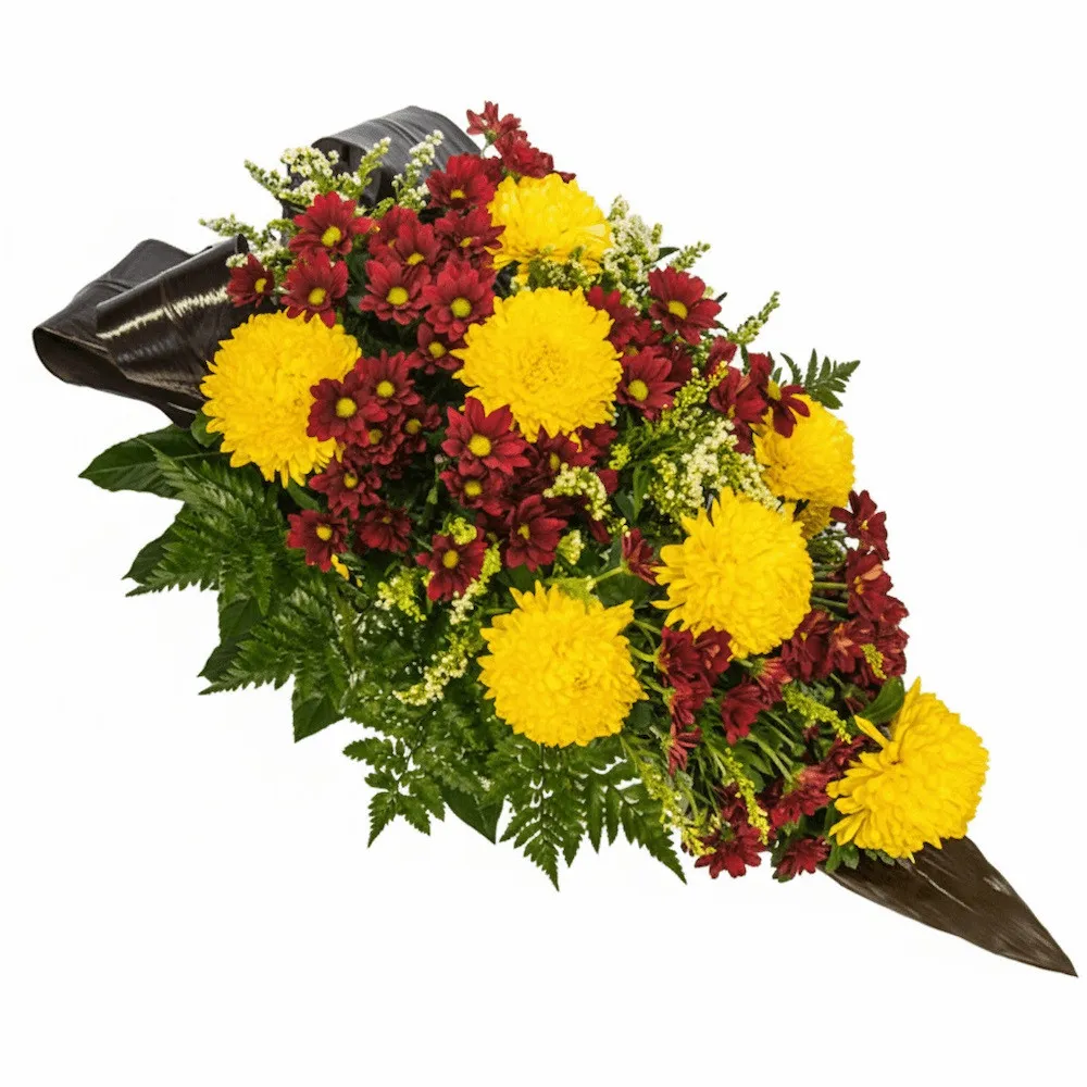 A bouquet for All Saints' Day, a bouquet for the grave with burgundy and yellow chrysanthemums, a bouquet on a fencer
