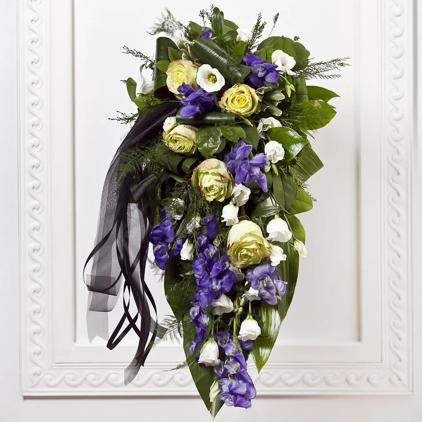 Funeral Bouquet with Blue Flowers and Ribbon - Estonia