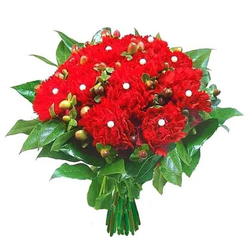 kwiaty - goździki, bukiet kwiatów z czerwonych goździków, hiperikum, liść orzecha, 11 goździków