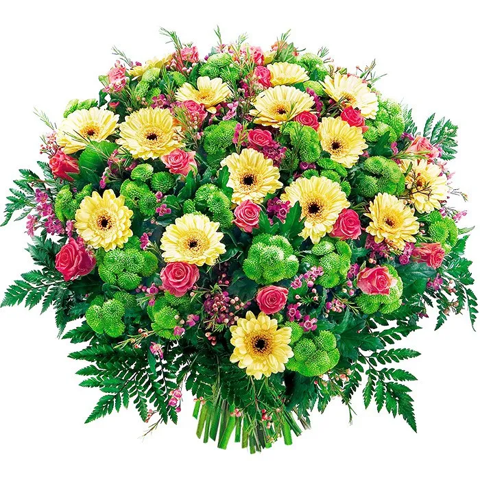Bouquet make it last, pink roses, gerberas, santinias, decorative green, bouquet of yellow pink green flowers 
