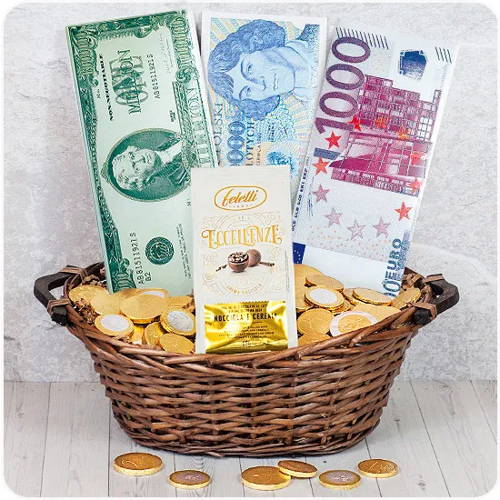 koszyk inflacyjny, czekoladowe monety i banknoty, poczta kwiatowa
