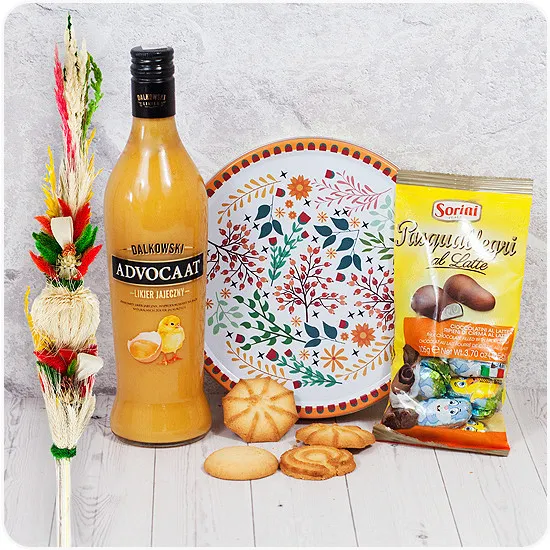 Easter palm with egg liqueur, spring cake and chocolates, poczta kwiatowa Easter gift