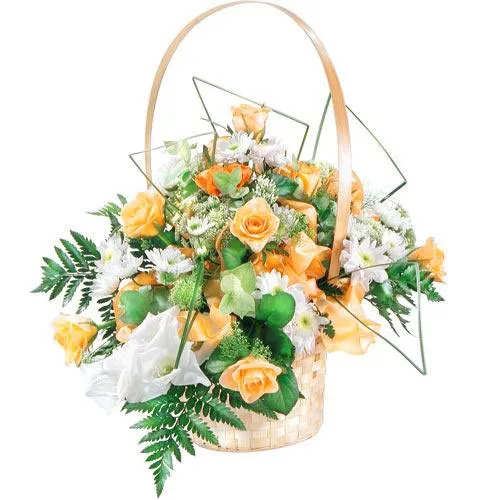 Kompozycja róż i gladiola, kwiaty w koszu, kwiaty na ślub, Kompozycja Radość