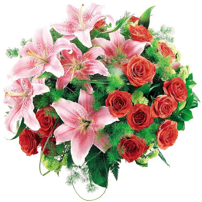 bukiet aplauz, bukiet z różowych lilii i róż, czerwone róże, zieleń dekoracyjna