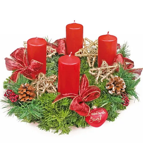 stroik adwentowy, wianek z jodły żywej, świece, gwiazdki, wstążki i ozdoby świąteczne