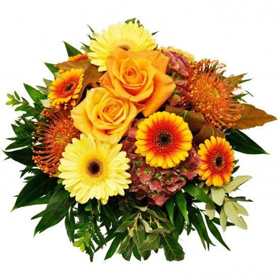 Round bouq only yellow and orange, such as gerbera/roses + other matching flowers with green