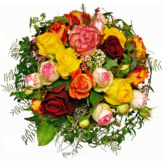 Compact/round romantic Bouquet of mixed roses (at least four different) colours with matching filler