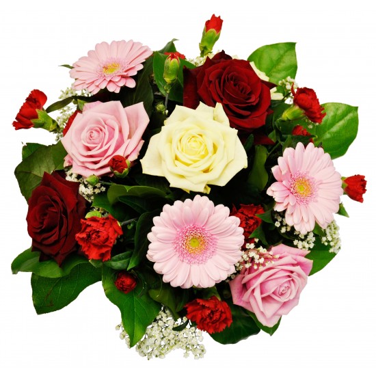 Round mixed seas Bouquet in Pink, White and Red (gerberas / roses) with matching filler