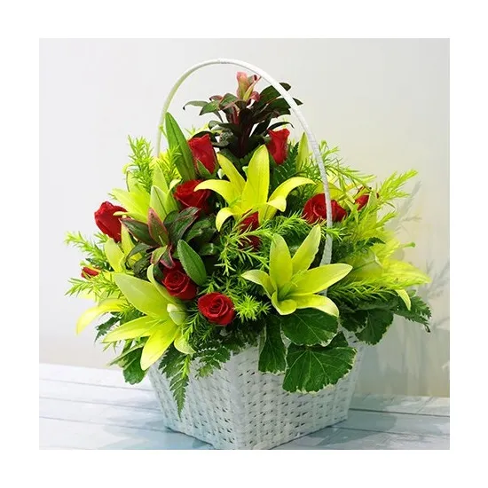Red and Green Flowers in Basket