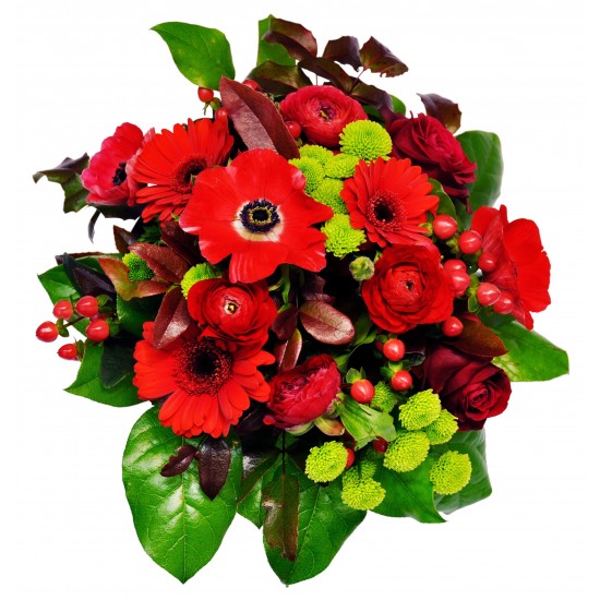 Round/hand tied mixed Bouquet of nice assortment of only red flowers (gerbera/roses etc..) with gree
