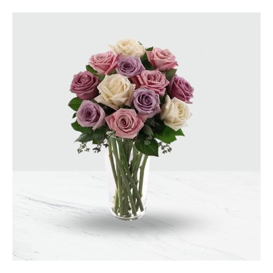 12 Pink and Purple Roses in a vase