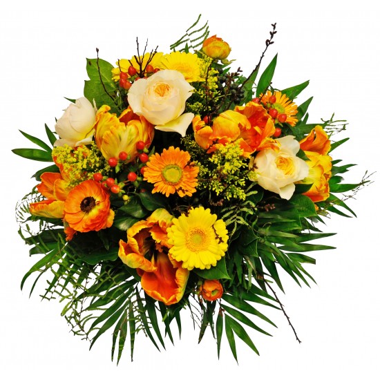 Mixed round Spring bouquet in orange and yellow seas flowers, green