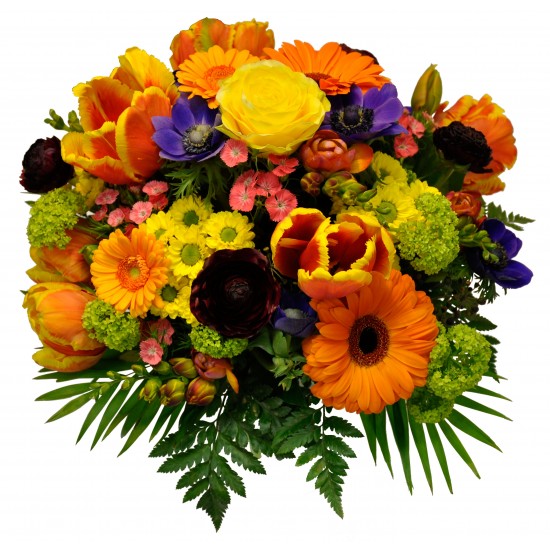 Mixed seasonal Bouquet in yellow/orange/purple/blue/pink colours - up to availability