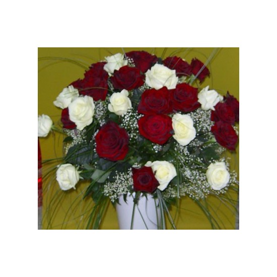 Bouquet of 24 Long Stemmed White and Red Roses