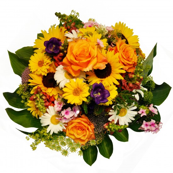Mixed bouquet in various summer colours including sunflowers with green filler