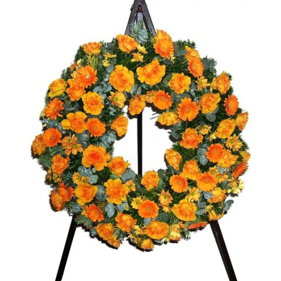 Wreath in orange with roses gerberas chryssis (with ribbon)