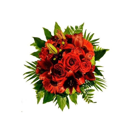 Round bouquet of seasonal flowers in RED shades (roses, gerberas, lilies etc..)