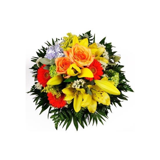 Round bouquet of seasonal flowers in yellow/orange/blue/white (lilies,roses, gerberas)