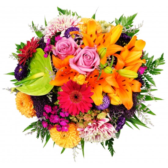 Mixed seasonal very colourful MCF with roses, lilies, gerberas etc