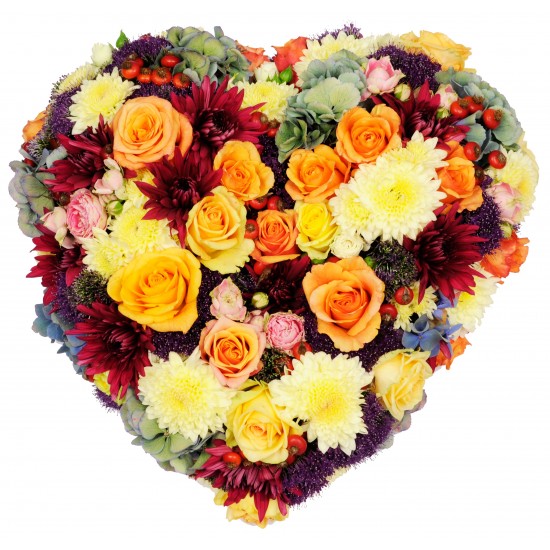 VERY colorful heart shape ARR for funeral (roses, daises + seas flowers)