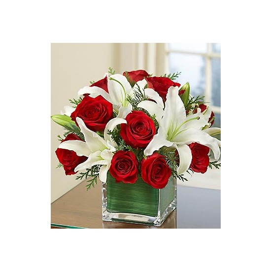 Czerwone róże i białe lilie 