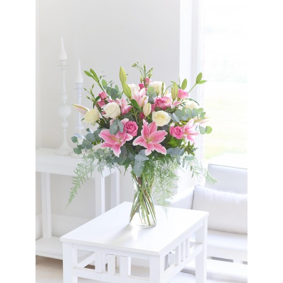 PINK SOPHISTICATION ROSE, LILY AND LISIANTHUS VASE