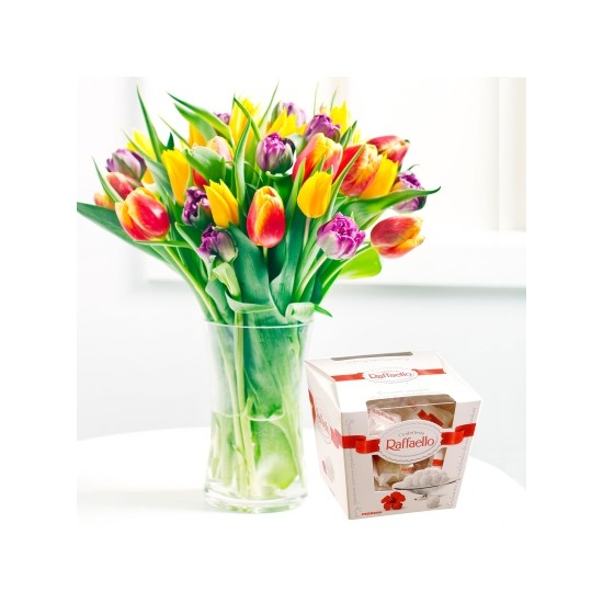 Seasonal bouquet of tulips and Raffaello candies