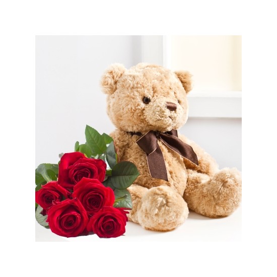 7 roses and teddy bear