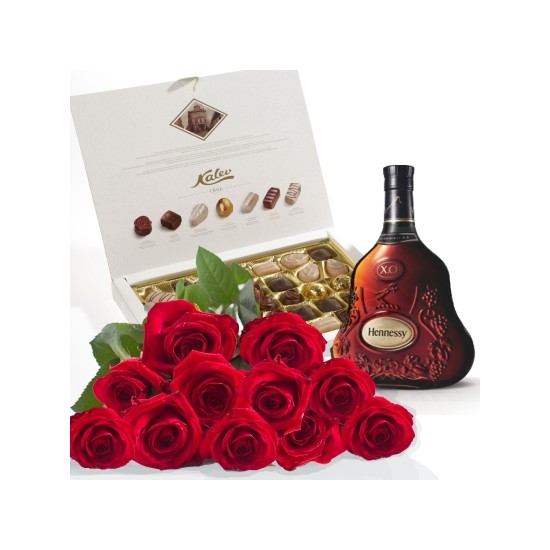 Roses, Cognac and chocolates, photo is illustrative